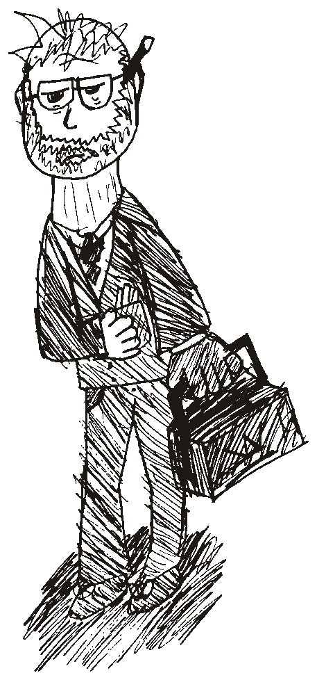 Pen drawing of a passenger with a beard, glasses, and a briefcase, waiting at the shelter