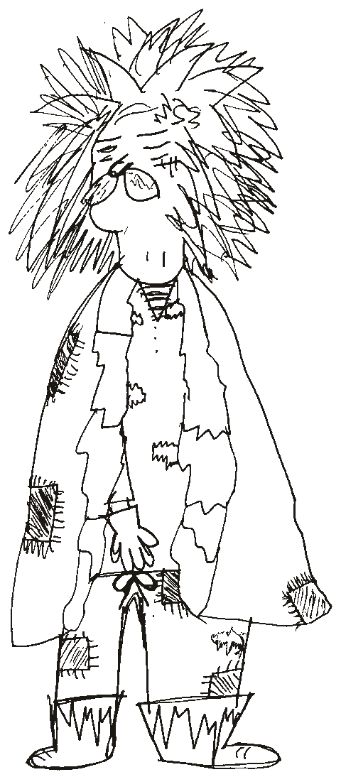 Pen drawing of a passenger with wild hair, a patched coat, and boots, waiting at the shelter