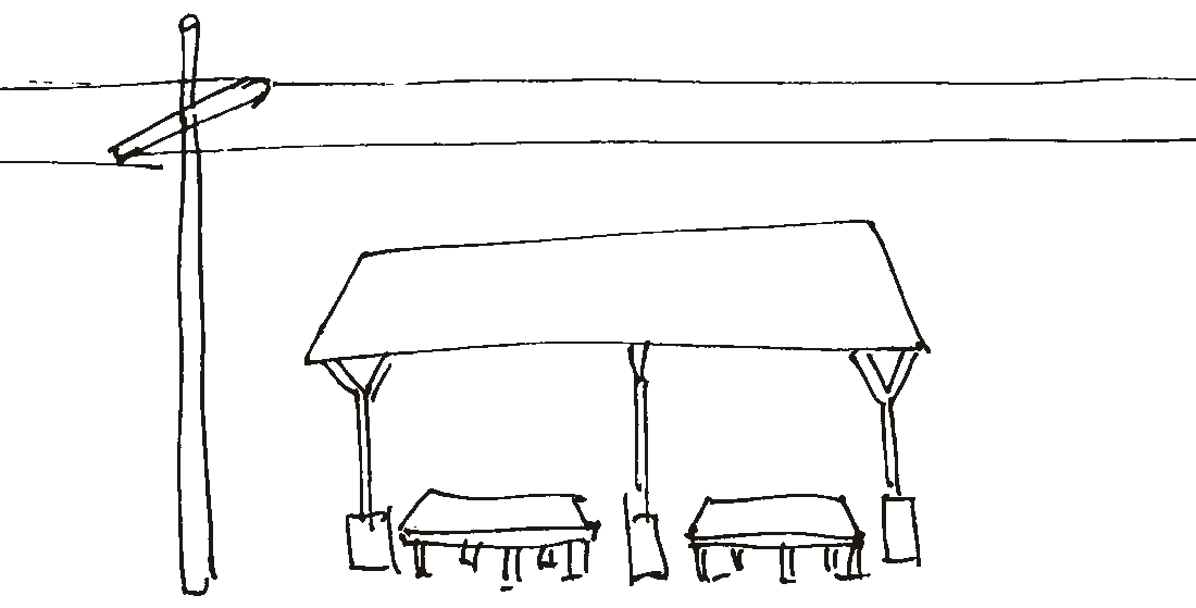 Pen drawing of a station shelter, with a roof, two benches, and a pole carrying wires