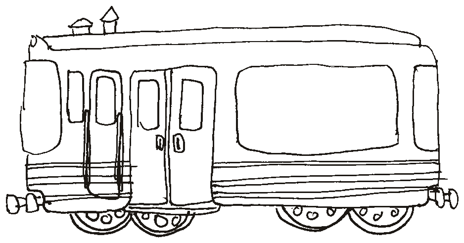 Pen drawing of a train car, with doors, windows, and wheels